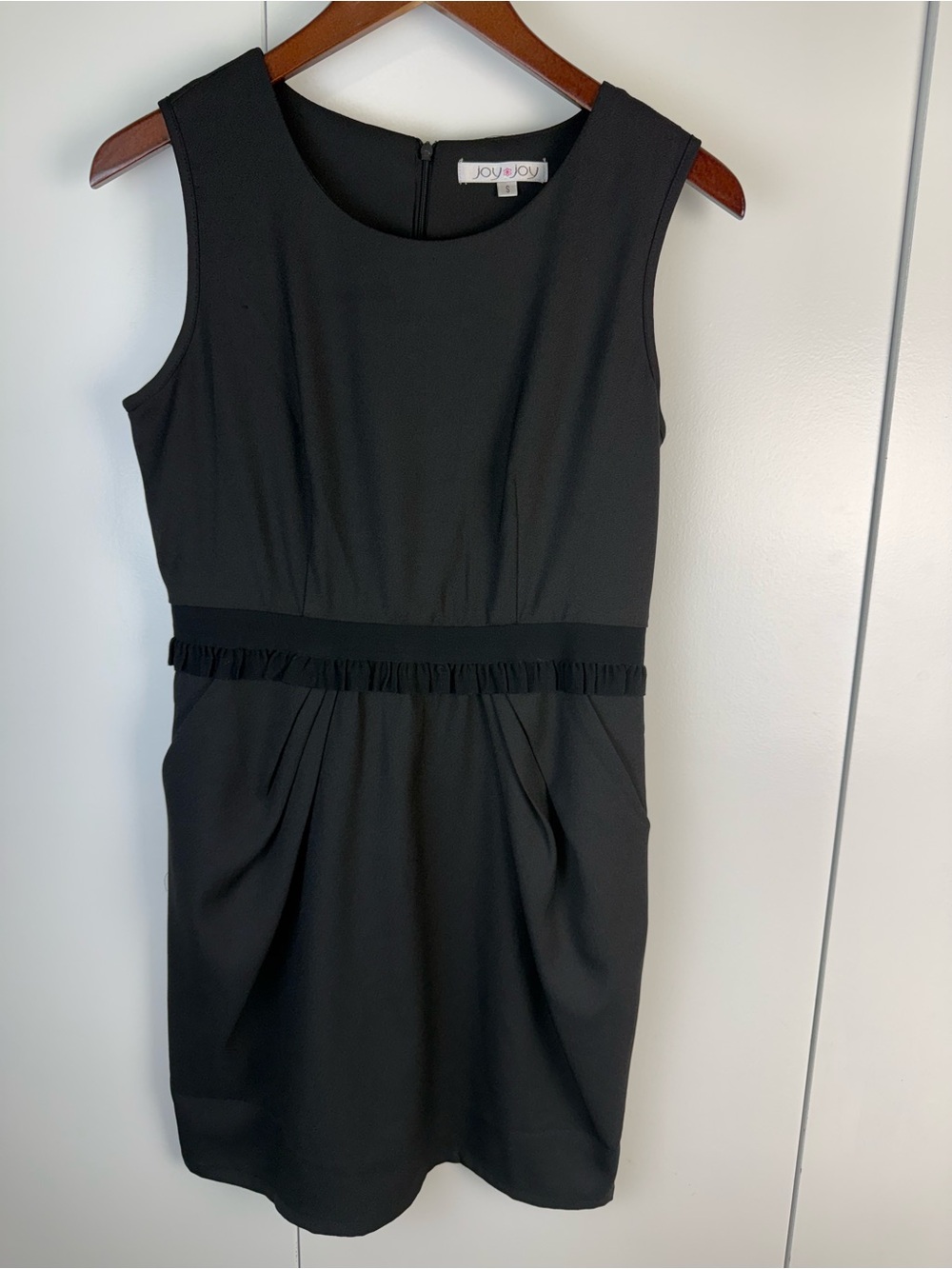 Sleeveless Black Sheath Dress with Waist Detail ruffle Joy Joy Small cocktail